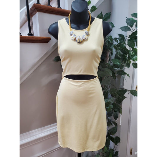 IRIS Women Yellow Solid Rayon Sleeveless Round Neck Knee Length Dress Size Large