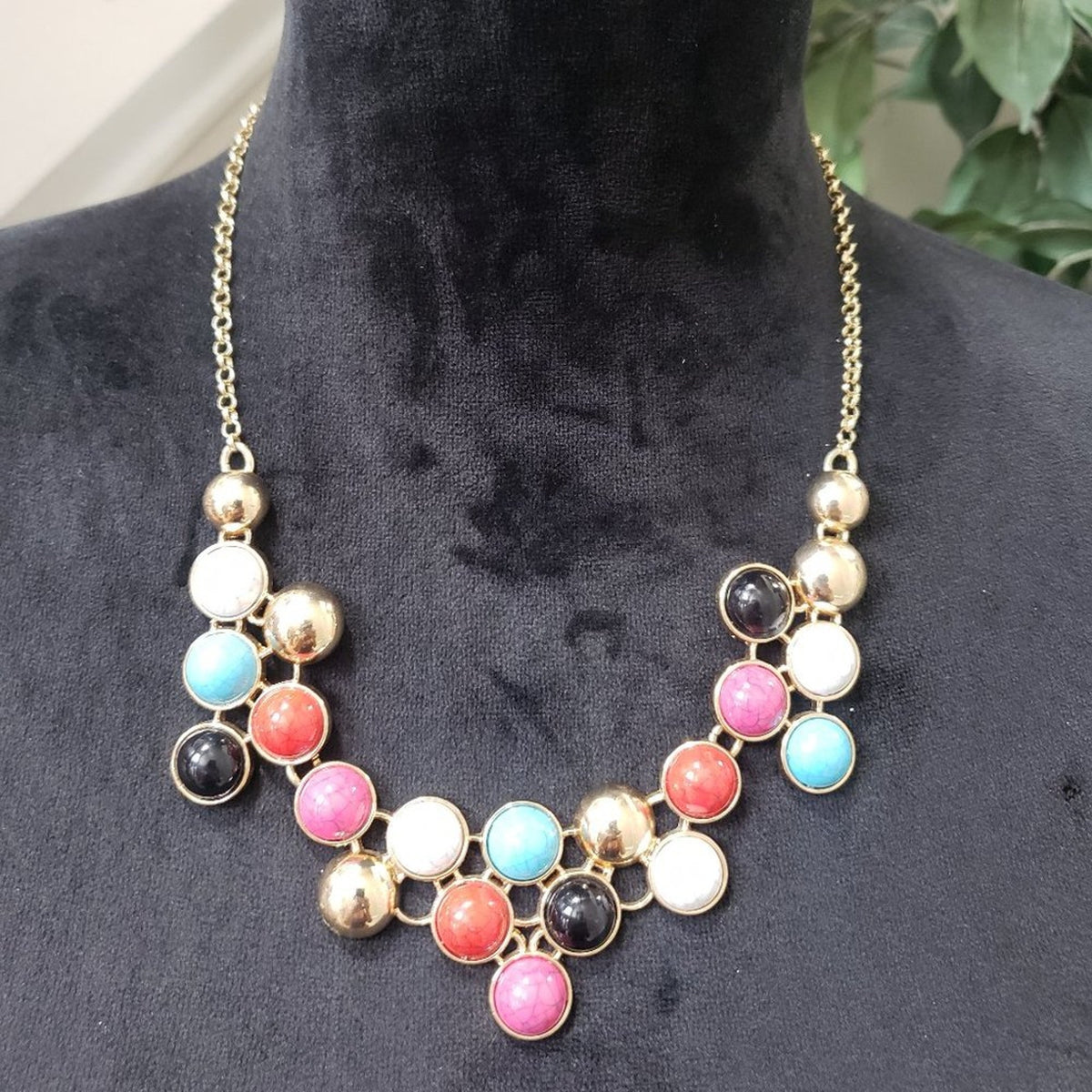 Women's Multicolor Faceted Round Beads Gold Bib Statement Collar Necklace