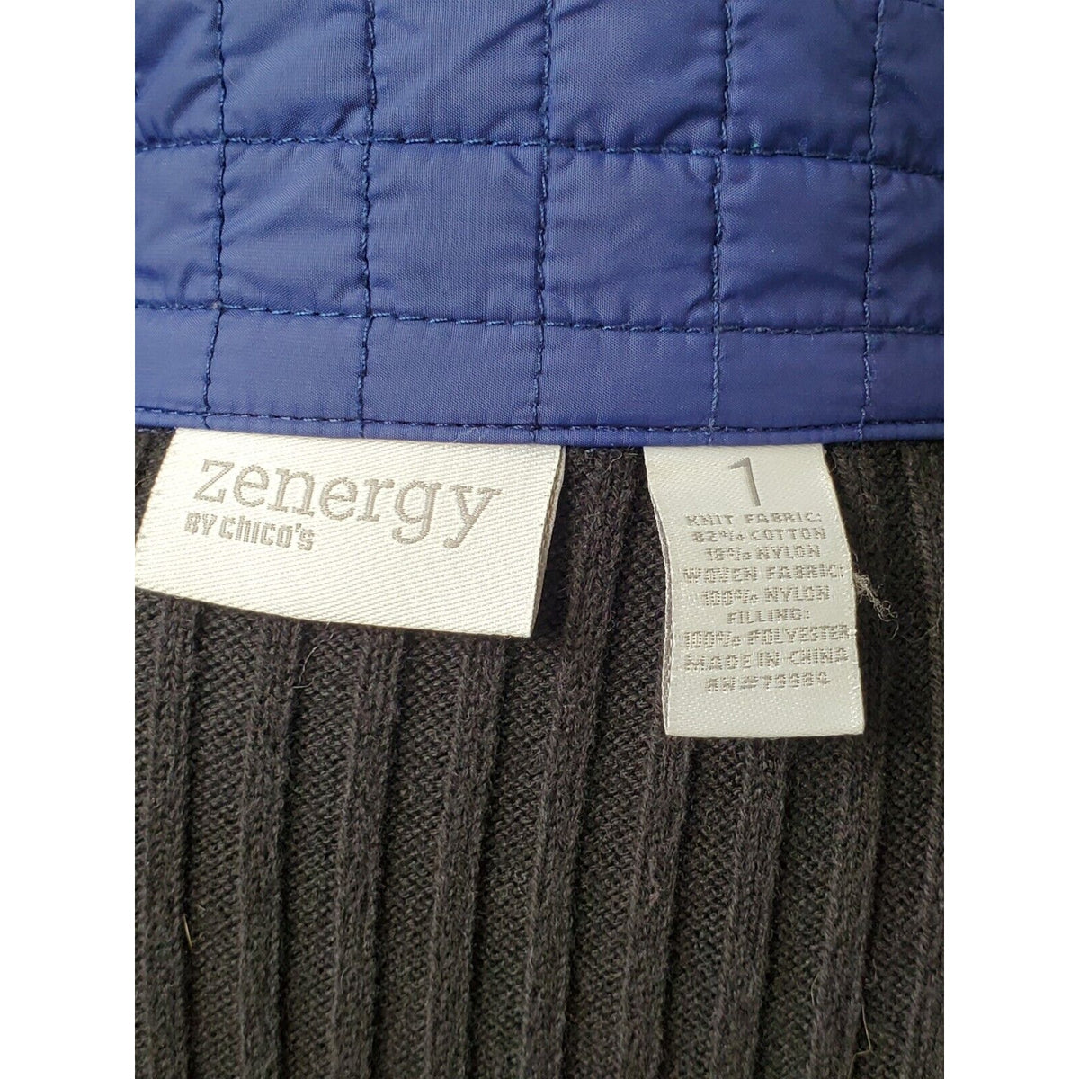 Zenergy By Chicos Women's Black Blue Cotton Long Sleeve Full Zip Front Jacket 1M