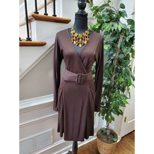Anne Klein Women's Brown Modal Long Sleeve V-Neck Knee Length Dress Size Small
