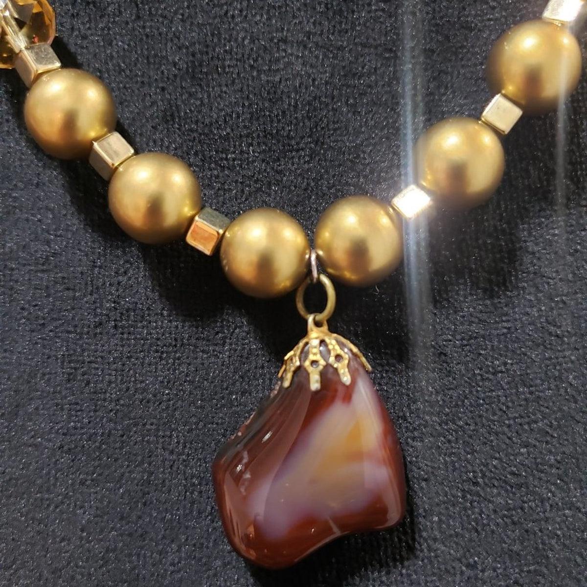 Women's Gold Pearl Wrapped Sunstone Pendant Spessartine Garnet Necklace