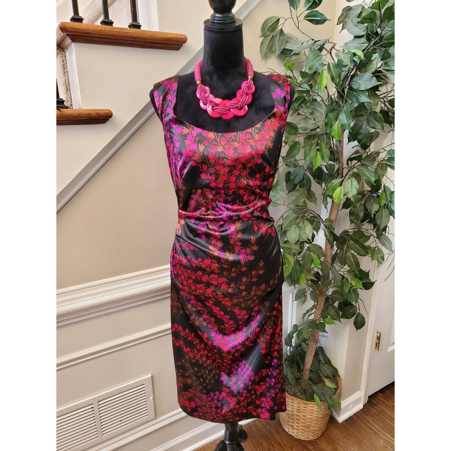 London Style Women Floral Polyester Square Neck Sleeveless Knee Length Dress 12