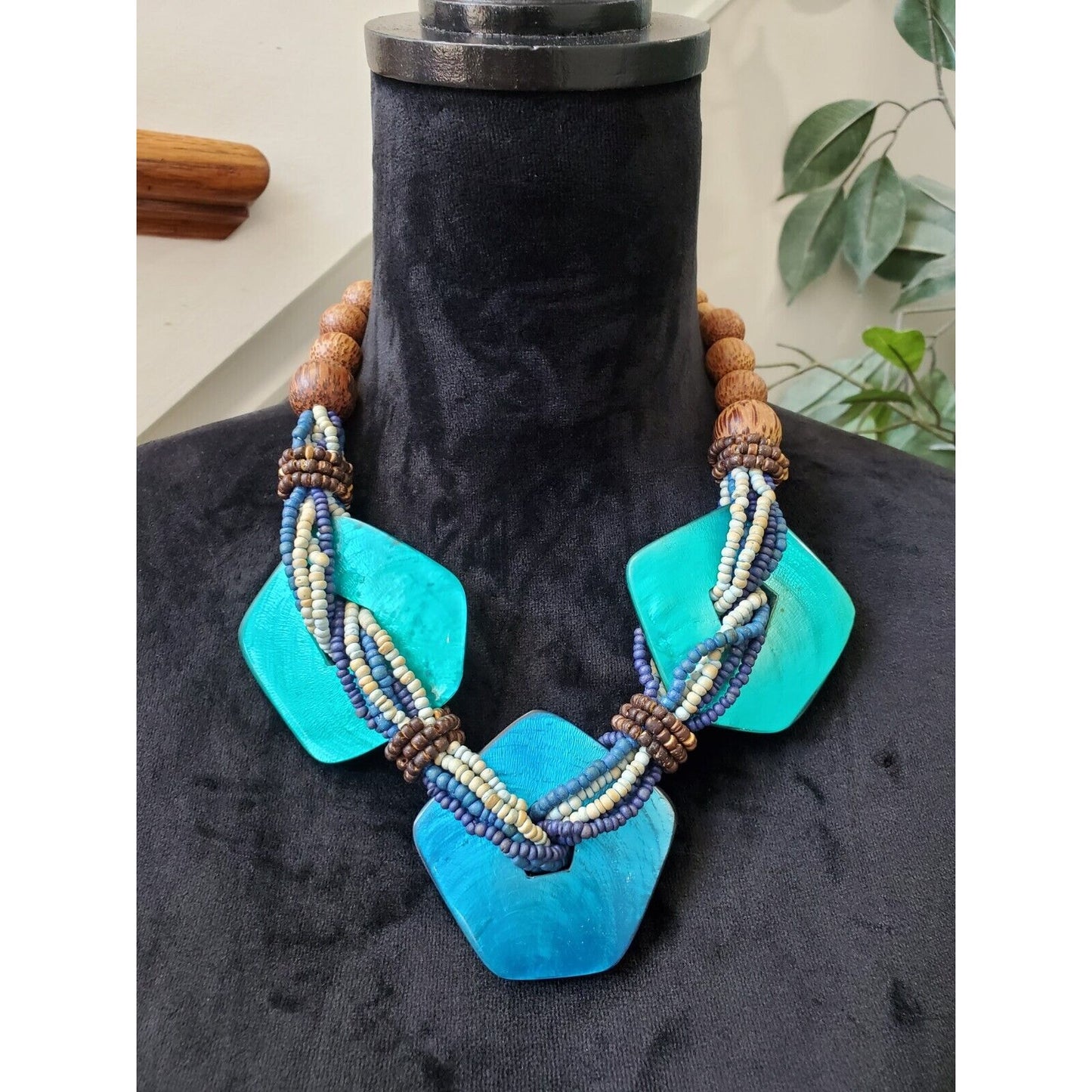 Wood and Seed Beads with Resin Necklace by Kathy Gelfand
