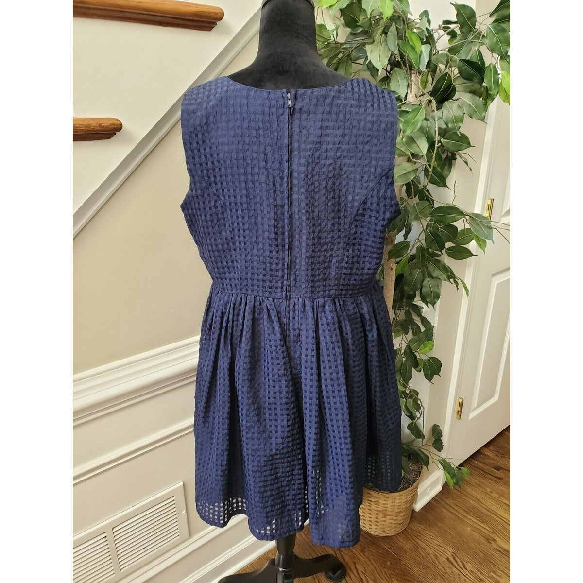 Forever 21 Women Navy Polyester Round Neck Back Zipper Knee Length Dress Size XL