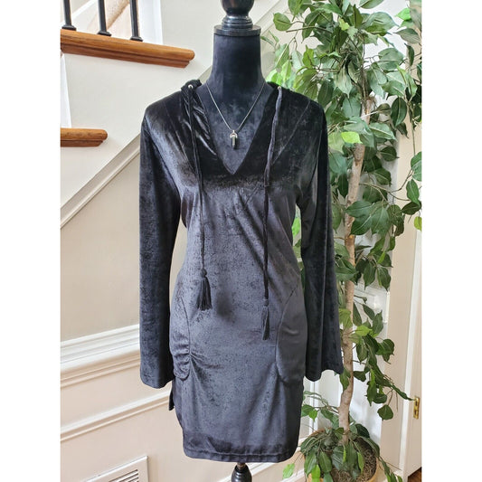 Ingear Resort Black Velvet Polyester V-Neck Long Sleeve Knee Length Dress S/M