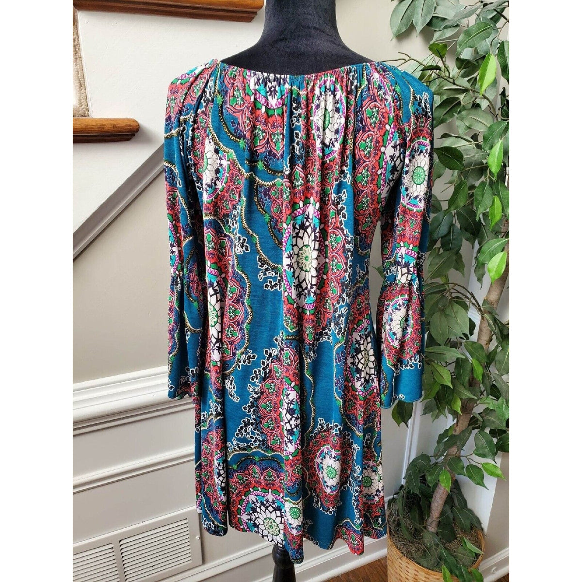 Honeyme Women's Multicolor Polyester Round Neck Long Sleeve Knee Length Dress XL