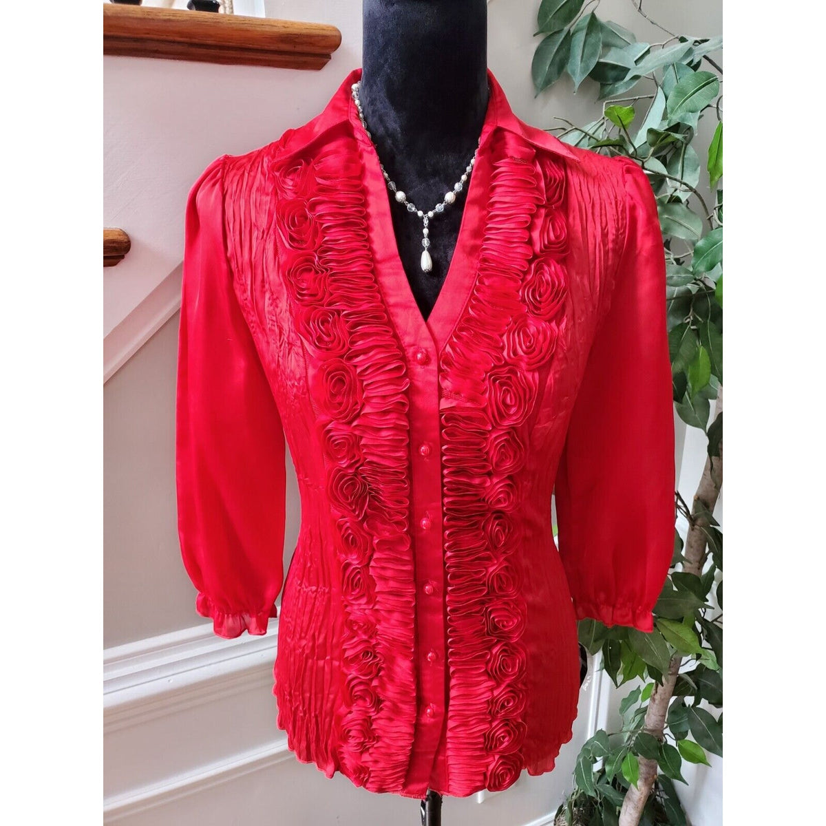 New Directions Women Red Polyester Collared Neck Long Sleeve Button Down Shirt S