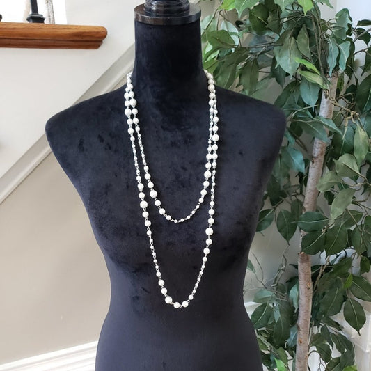 Women's White Round Beaded Long Link Chain Fashion Pendant Necklace