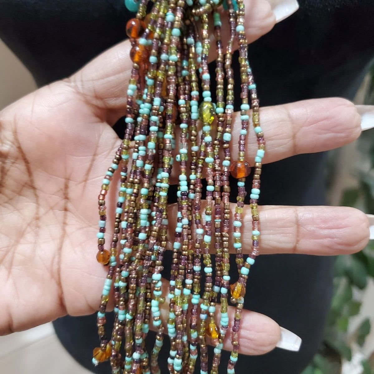 Women's Brown & Blue Multilayer Round Beaded Jewelry Necklace