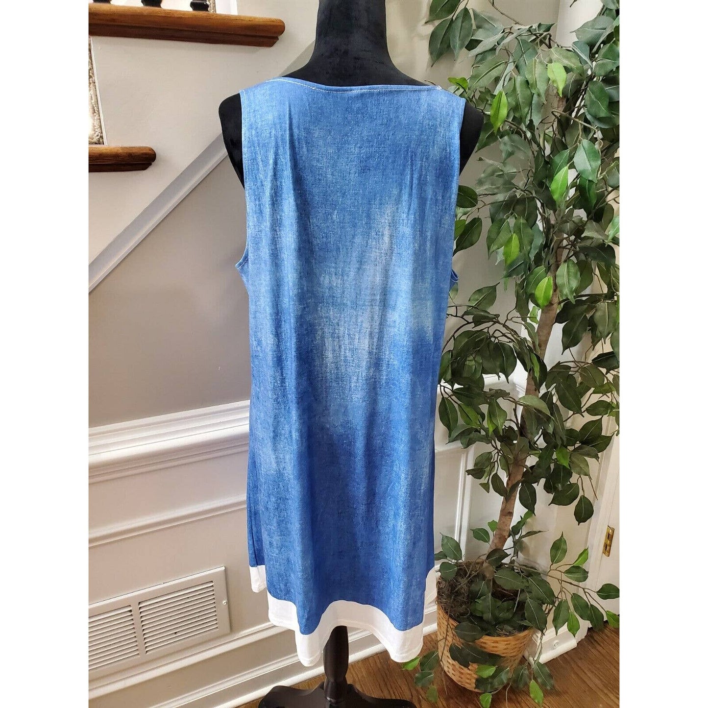 Women Blue Polyester Scoop Neck Sleeveless Casual Knee Length Dress Size Medium