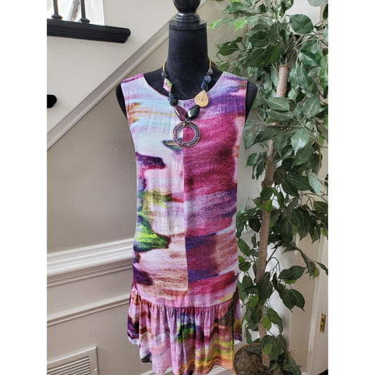 Bar III Women's Multicolor 100% Rayon Round Neck Sleeveless Knee Length Dress L