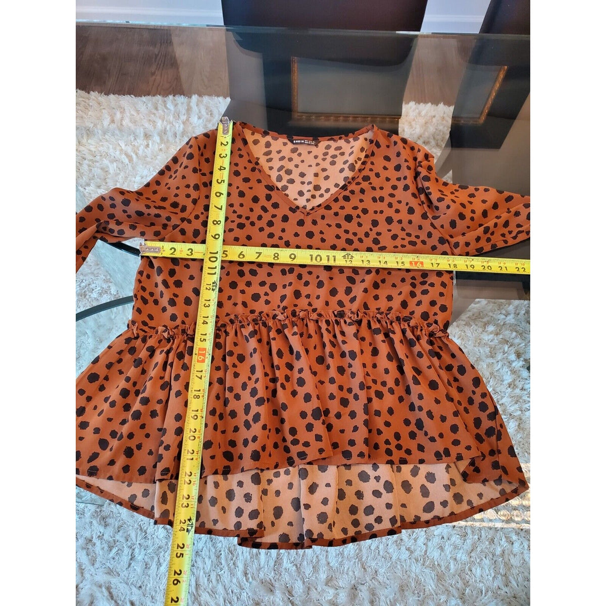 SHEIN Women Brown Leopard Print Polyester V-Neck Long Sleeve Casual Top Blouse 4