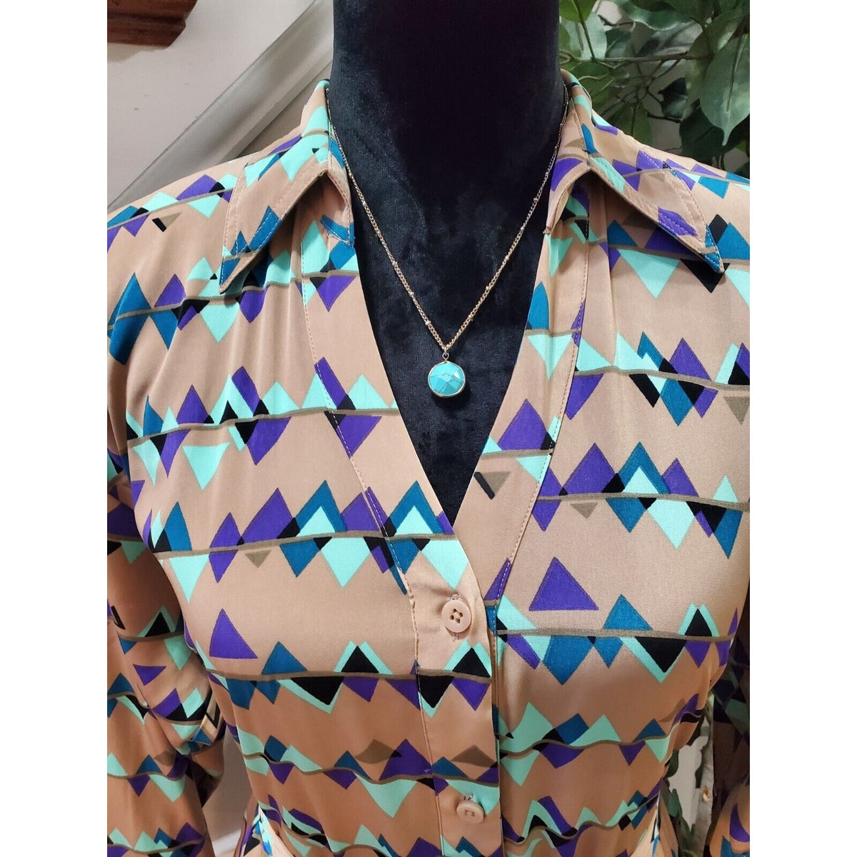 Attention Women's Multicolor Polyester Collared Long Sleeve Knee Length Dress M