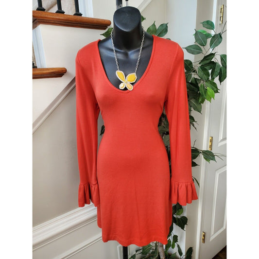 Lou & Grey Red Polyester Scoop Neck Long Ruffle Sleeve Knee Length Dress Size XS