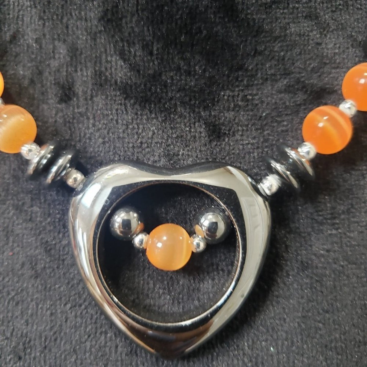 Womens Genuine Hematite Stones and Orange Beads Heart Shaped Pendant Necklace
