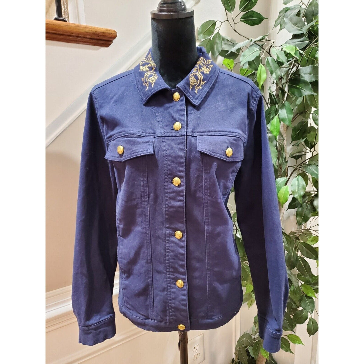 Denim & Company Women's Blue Cotton Buttons Front Long Sleeve Casual Jacket L