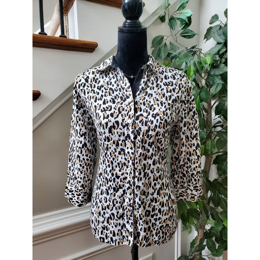 Chico's Women Leopard Linen Collared Neck Long Sleeve Button Down Shirt Size 4/6