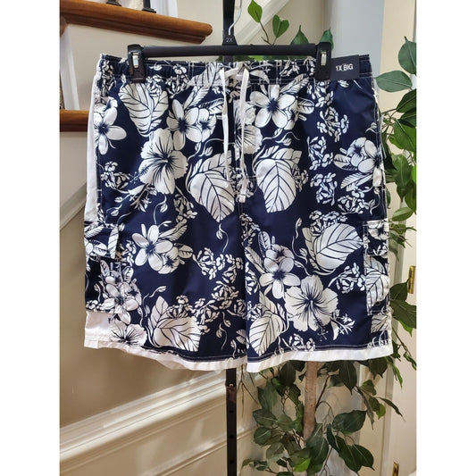 Roundtree & Yorke Men's Blue Floral Cotton Pull On Stretch Swimwear Shorts 1XB