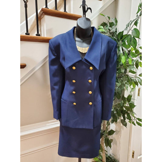 Vintage Suitsme Blue Polyester Double Breasted Jacket & Skirt 2 Pcs Suit Size 14