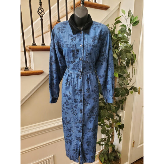 Vintage Women's Blue Floral Polyester Collared Long Sleeve Long Maxi Dress L