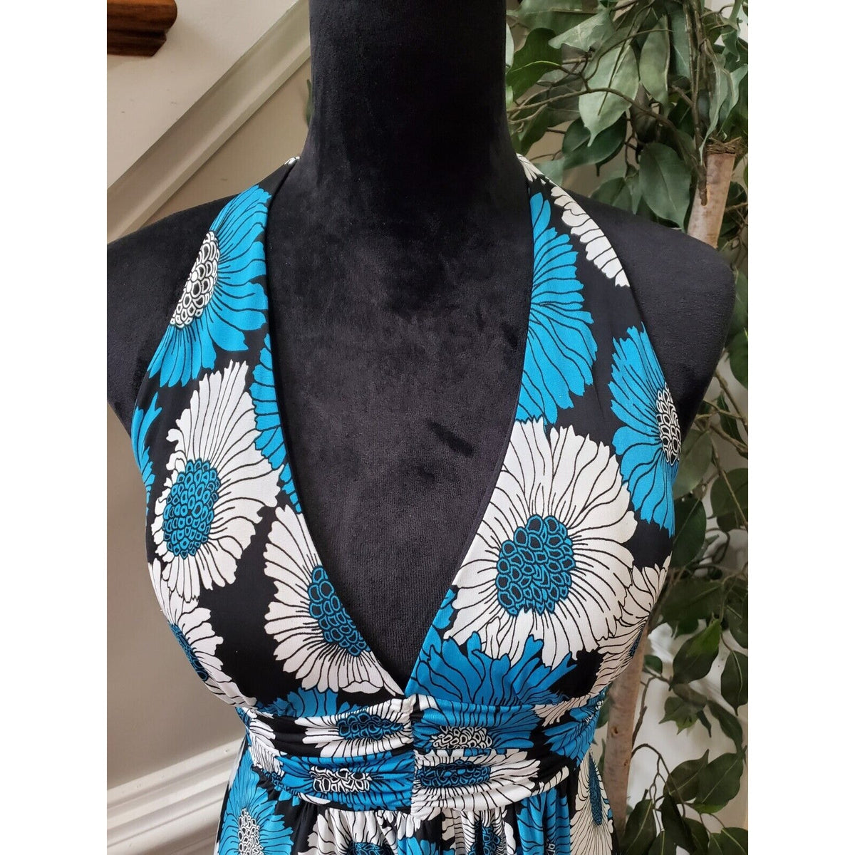 Co-Me Como Blue Multicolor Floral Halter Neck Sleeveless Knee Length Dress M