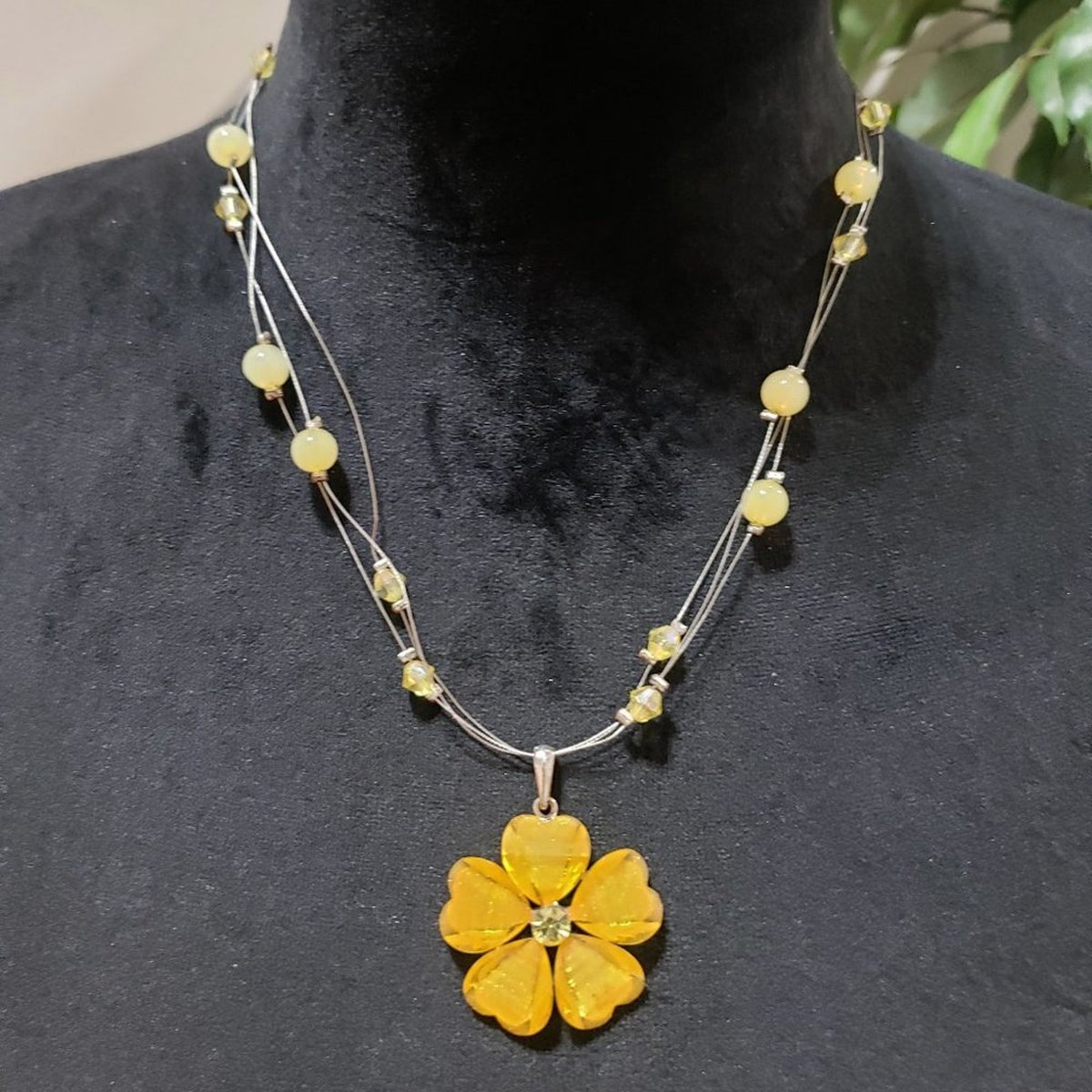 Womens Fashion Triple Strand Yellow Flower Pendant Beaded Charm Necklace