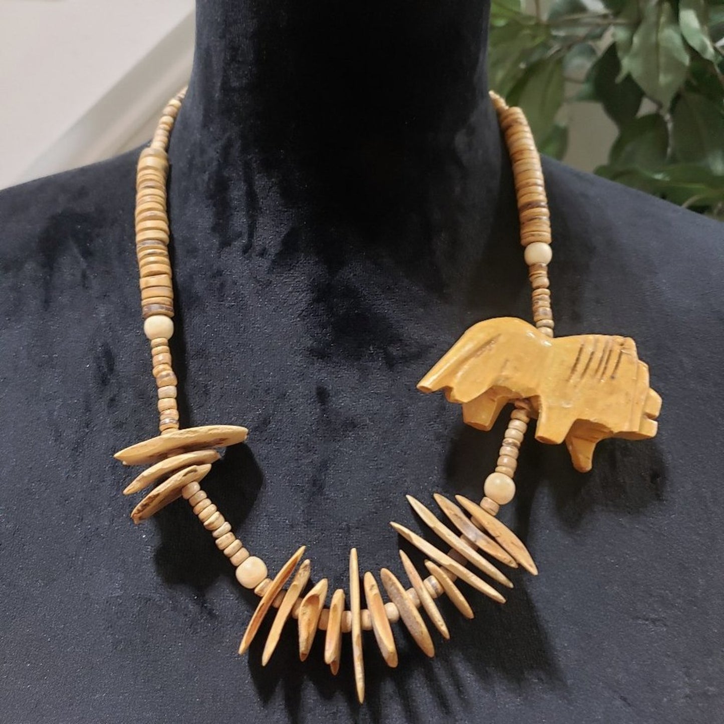 Primitive Beaded Stones Carved Bohemian Wood Lion African Safari Animal Necklace
