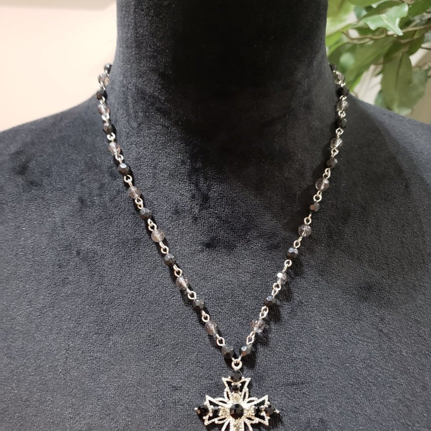 Womens Fashions Black Silver Glass Beaded Cross Collar Necklace w/Lobster Clasp