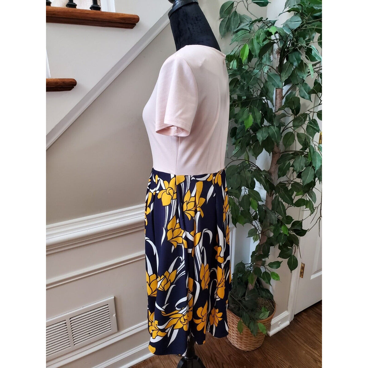Vintage Oxiuly Blue Yellow Puffy Swing Knee Length Dress W/ Pockets Size M