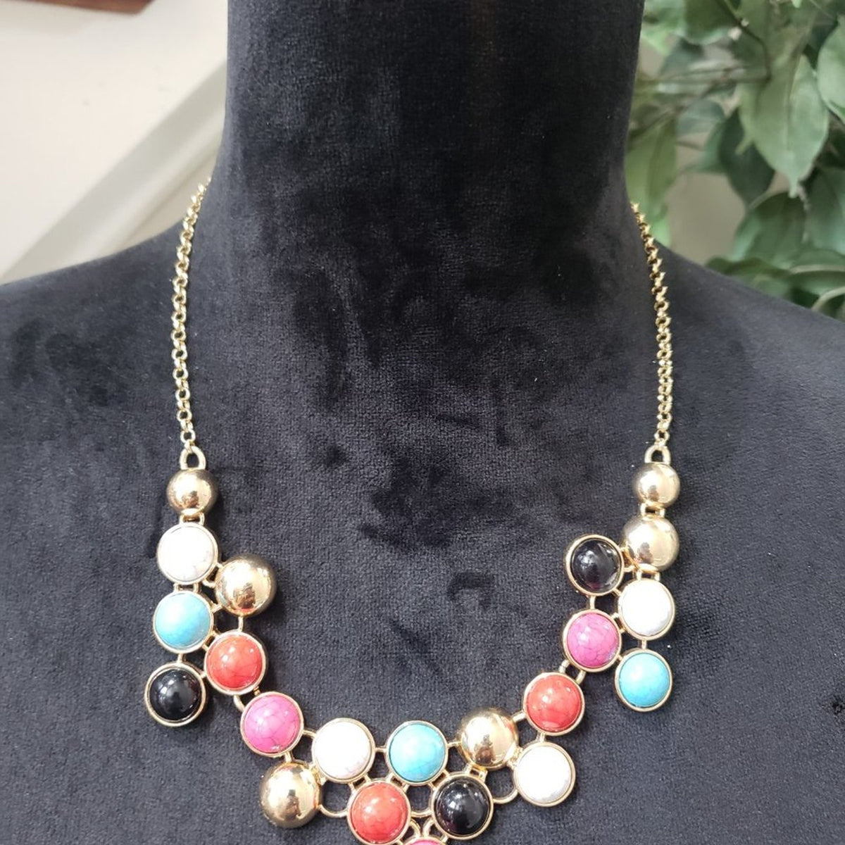 Women's Multicolor Faceted Round Beads Gold Bib Statement Collar Necklace