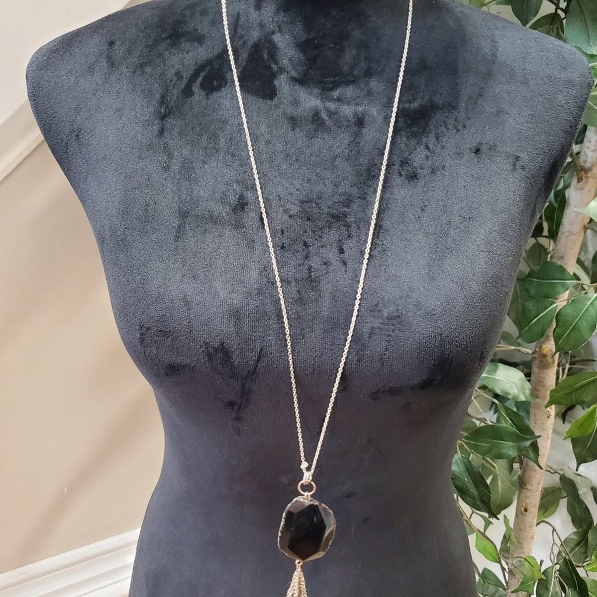 Women's Black Gemstone with Lobster Clasp Long Necklace