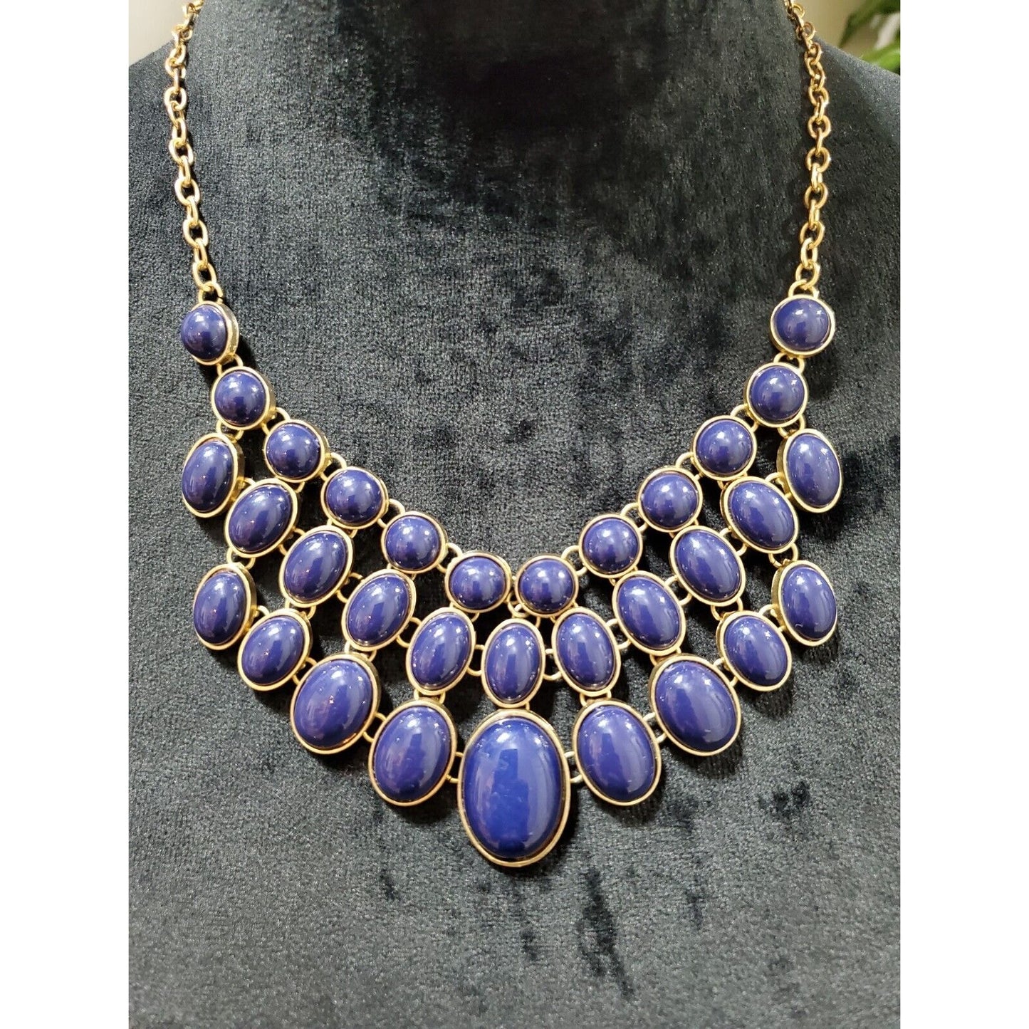 Women's Vintage Blue Rhinestone Gold Chain Statement Necklace