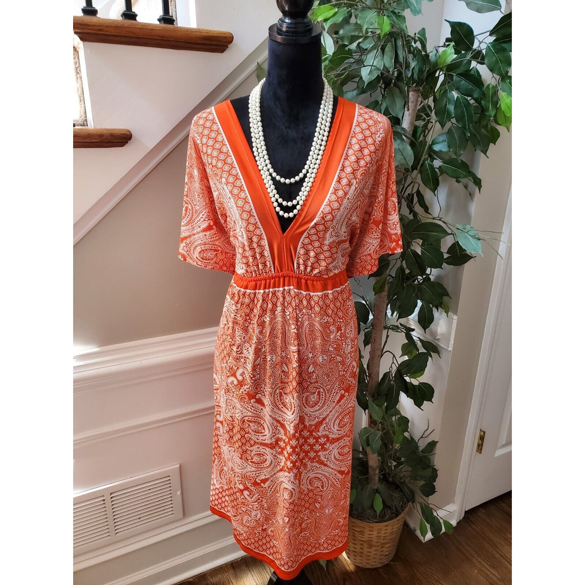 Just Love Womens Orange White Paisley Short Sleeve Knee Length Dress Size 3X