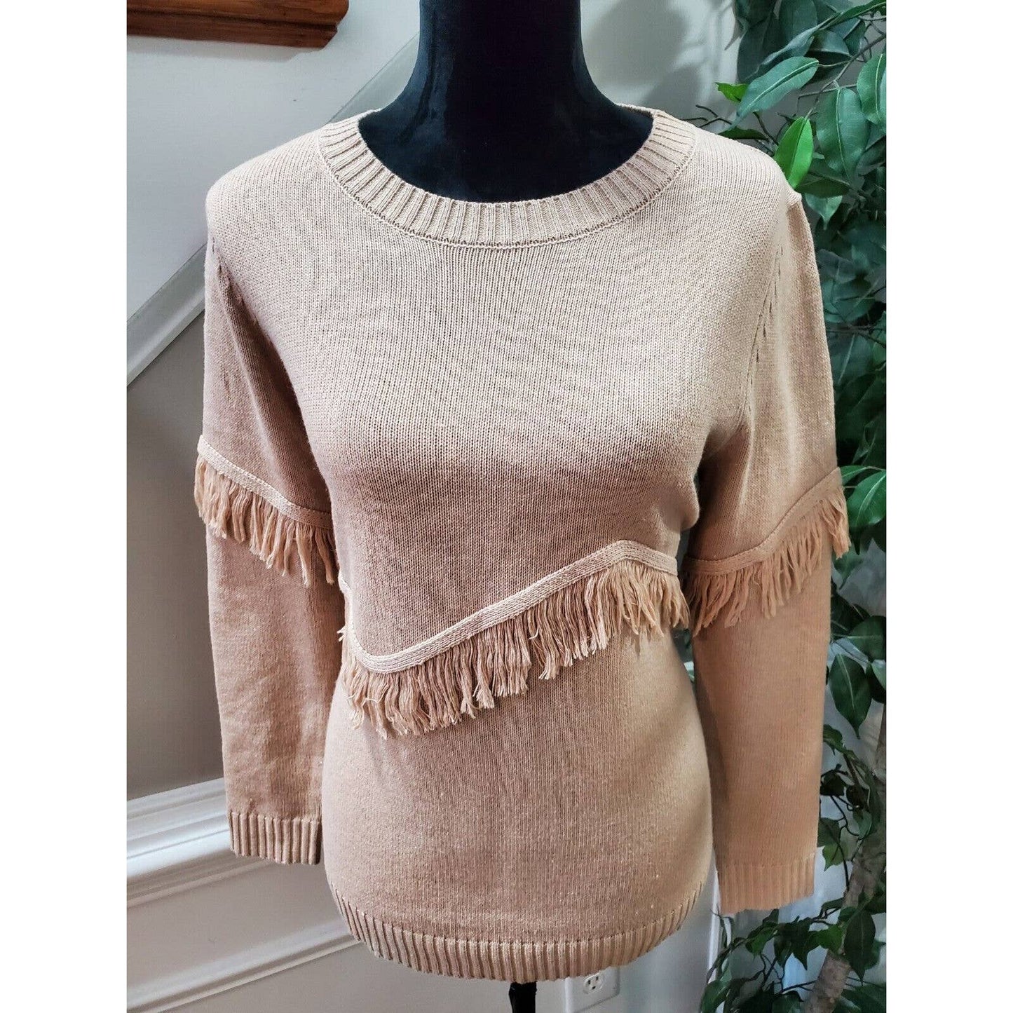 Shein Women Cream Fringe Round Neck Long Sleeve Pullover Knit Sweater Size 8/10