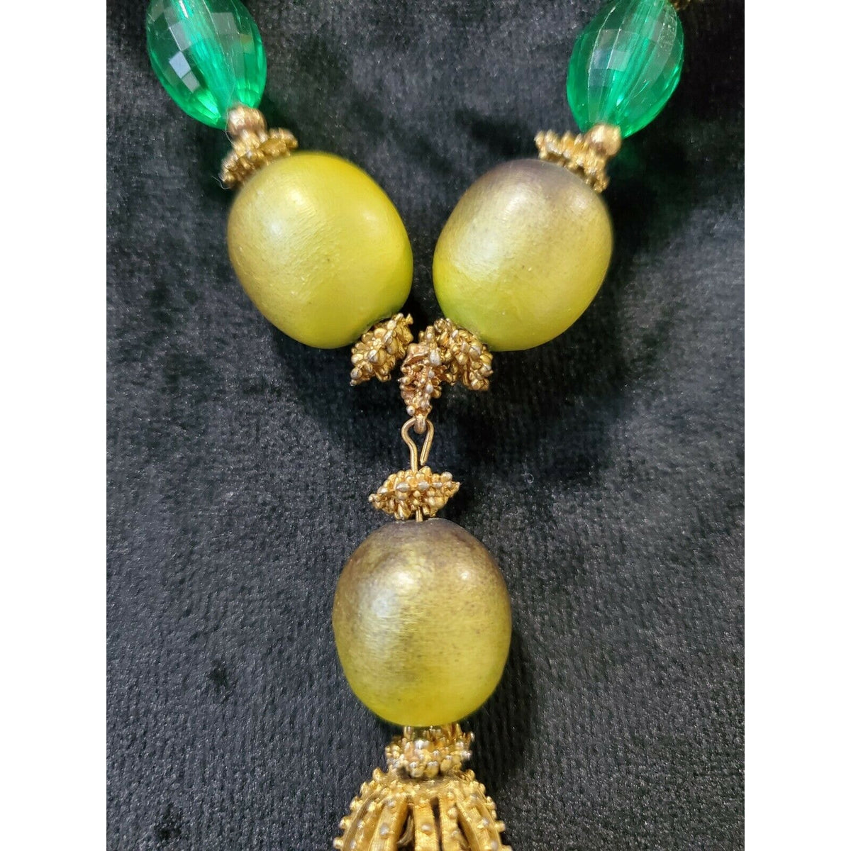 Vintage Wooden Green Olive, Crystal & Gold Ball Dangle Necklace 24"