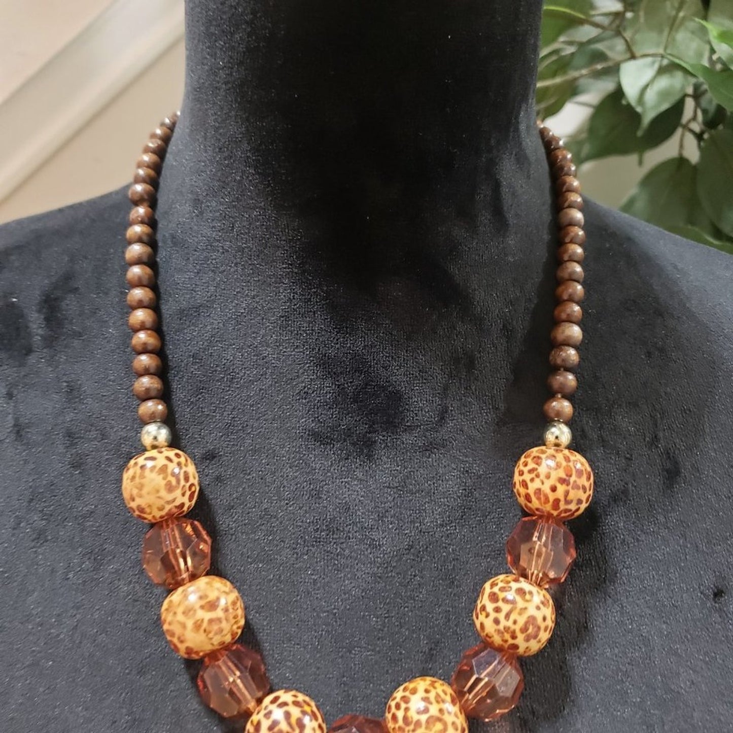 Womens Fashion Brown Clear Crystals, Wooden Beads, Leopard Print Beads Necklace