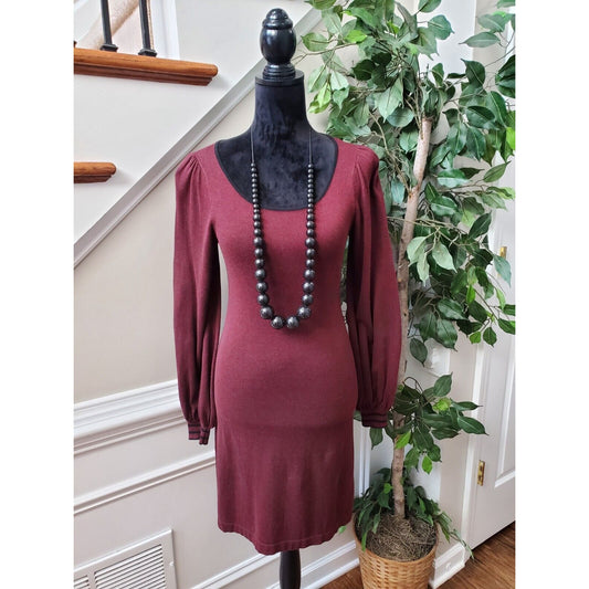 Max Studio Sweater Maroon Cotton Scoop Neck Long Sleeve Knee Length Dress XS