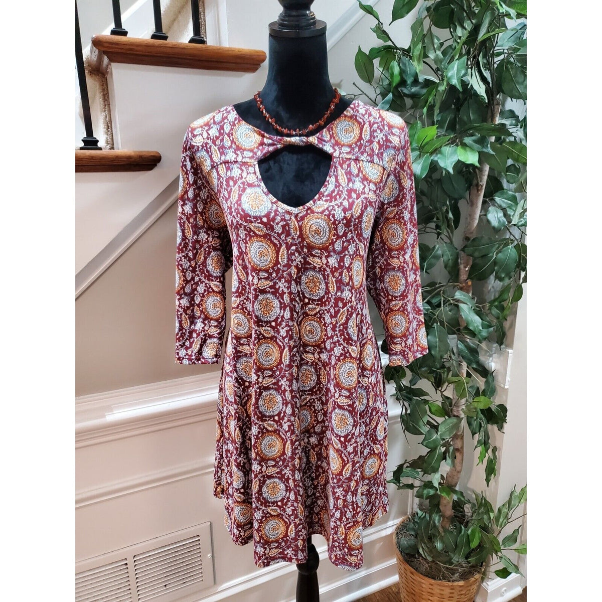 Three Pink Hearts Burgundy Key Hole Round Neck Long Sleeve Casual Top Blouse XL