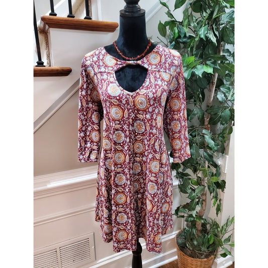 Three Pink Hearts Burgundy Key Hole Round Neck Long Sleeve Casual Top Blouse XL