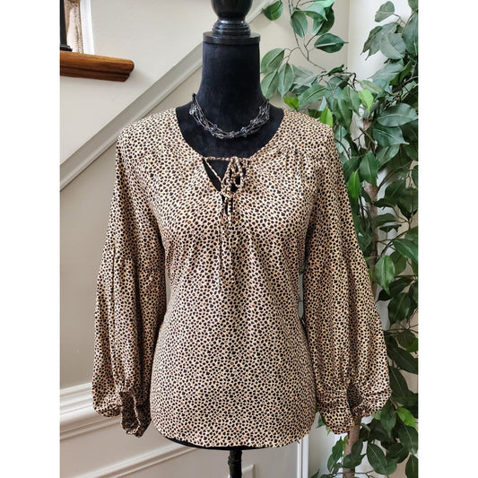 Fab'rik Peasant Beige Leopard Polyester Long Sleeve Tie-Up Top Blouse Size S