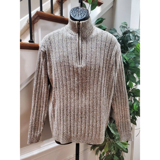 Men's Solid Brown Cotton Raglan Sleeve High Neck Casual Half Zip Knit Sweater