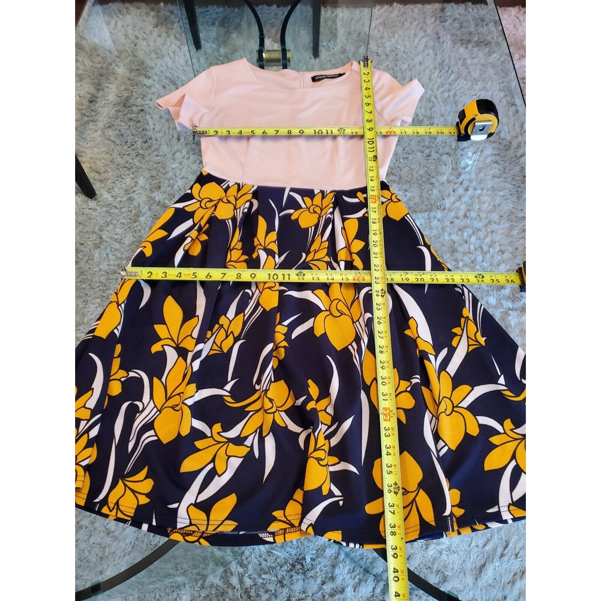 Vintage Oxiuly Blue Yellow Puffy Swing Knee Length Dress W/ Pockets Size M