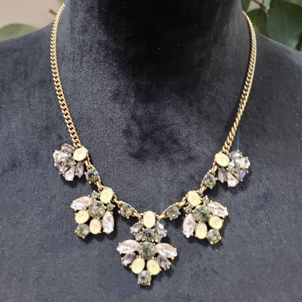 J. Crew Gold Tone Smoky Topaz & Iridescent Lime Crystal Statement Necklace