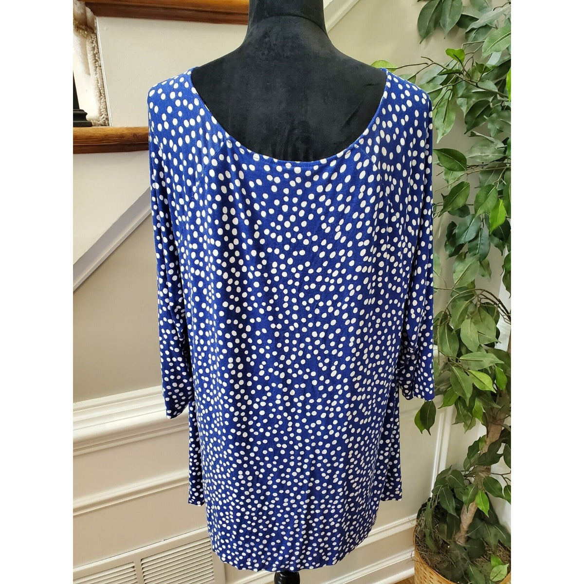 Chico's Blue Polka Dot Rayon Round Neck Long Sleeve Casual Top Blouse (3) XL