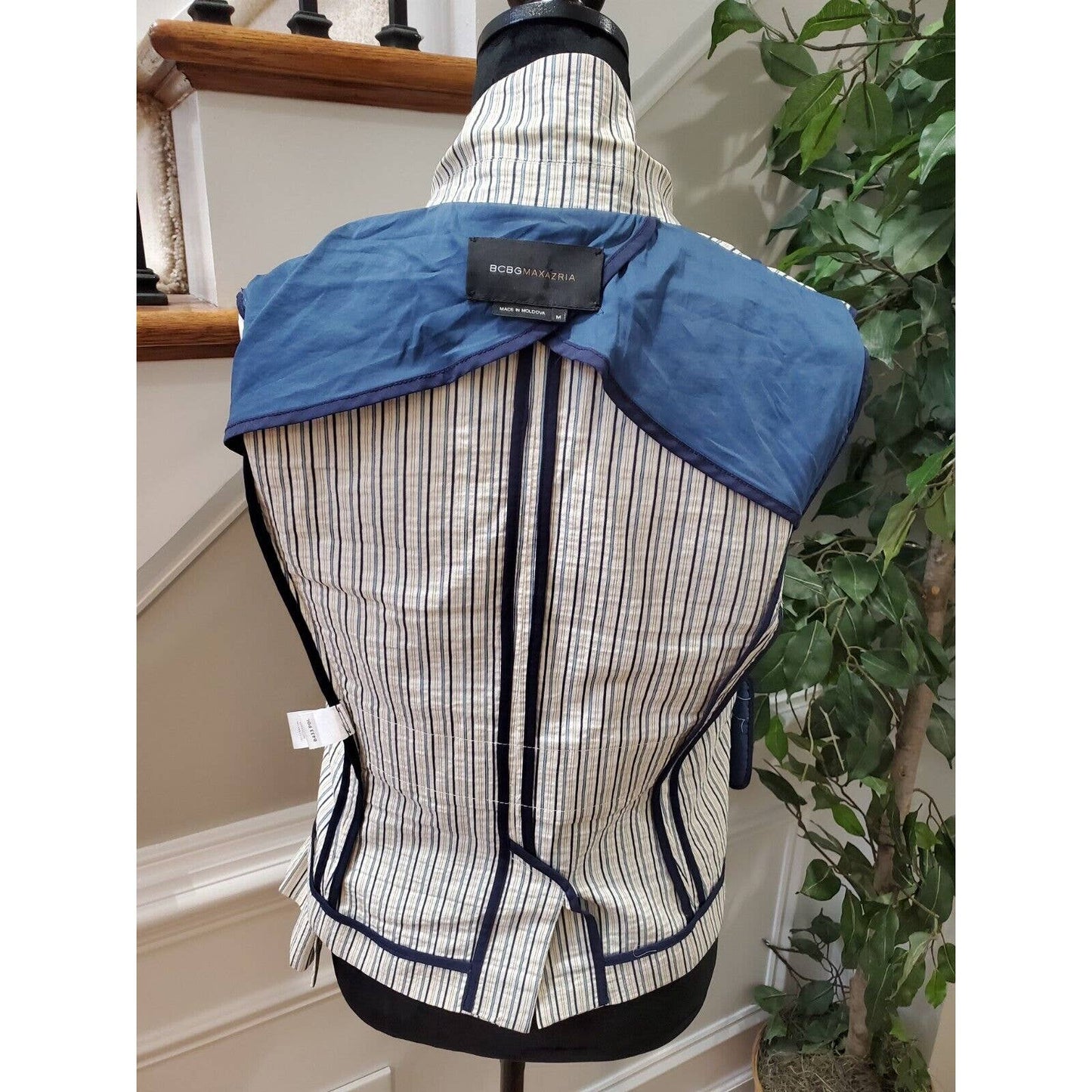 BCBGMaxazria Women's Striped Cotton Long Sleeve Single Breasted Fitted Blazer M