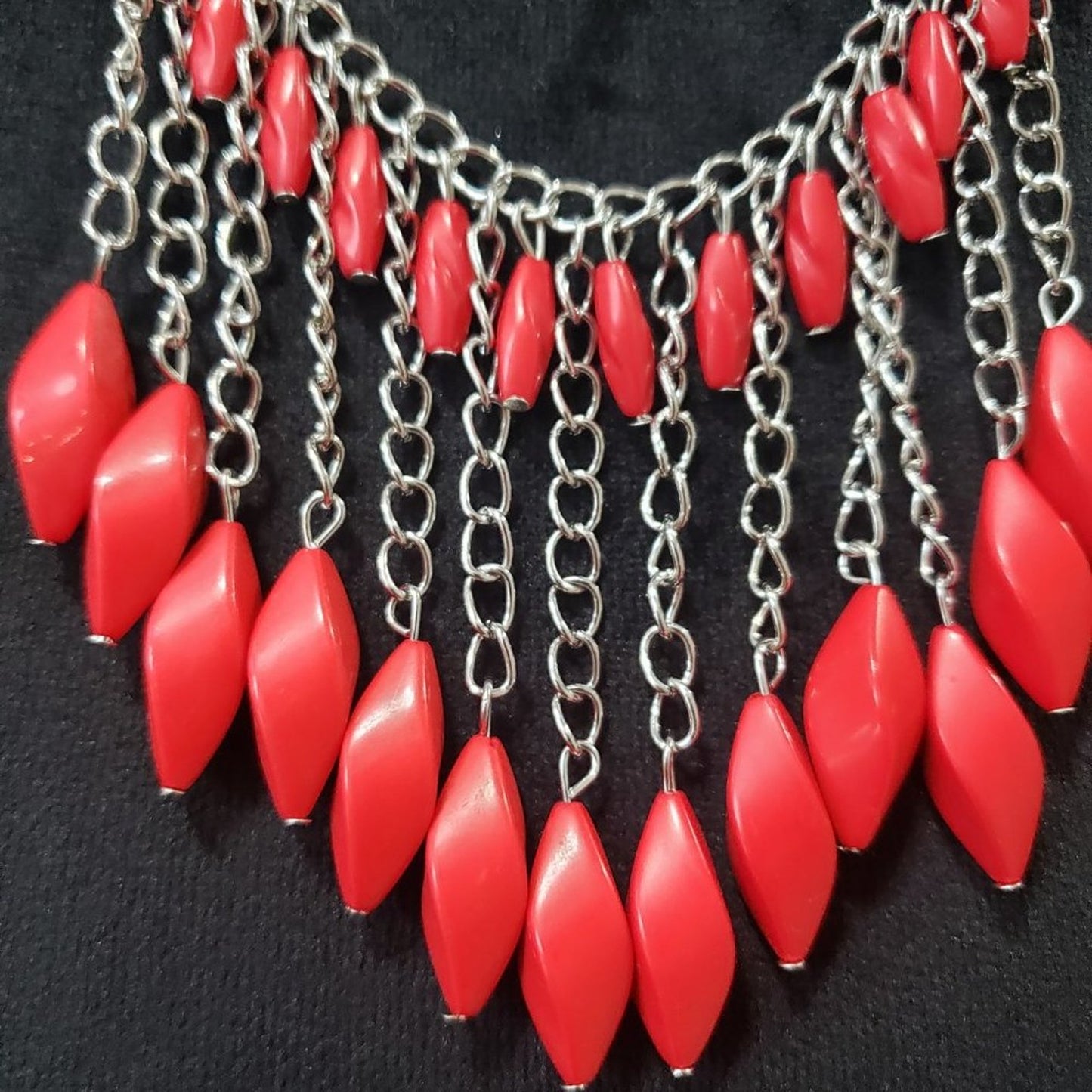 Womens Silver Chain Binge Red Stone Beaded Statement Necklace with Lobster Clasp