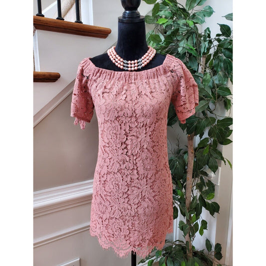 Haute Monde Womens Pink Floral Cotton Boat Neck Short Sleeve Knee Length Dress S