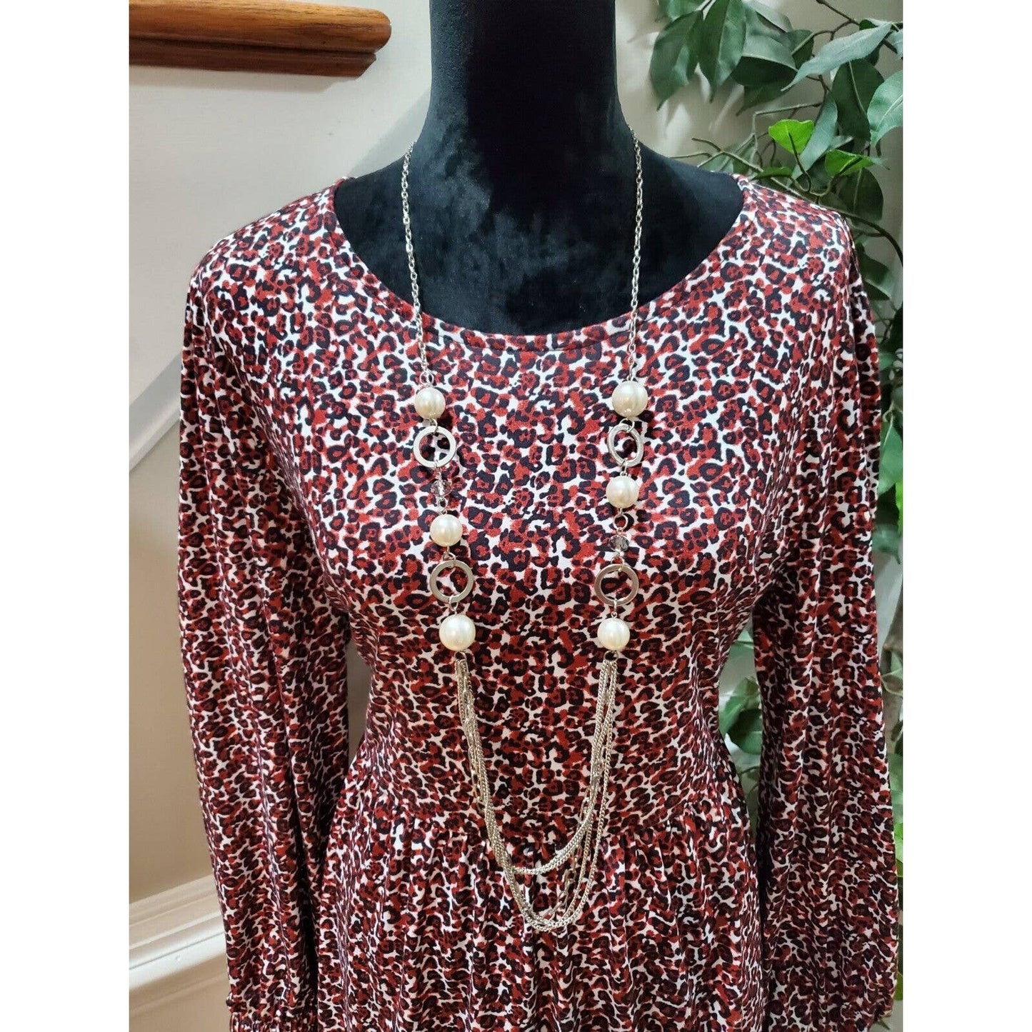 Reoria Women's Brown Polyester Round Neck Long Sleeves Knee Length Dress Size XL