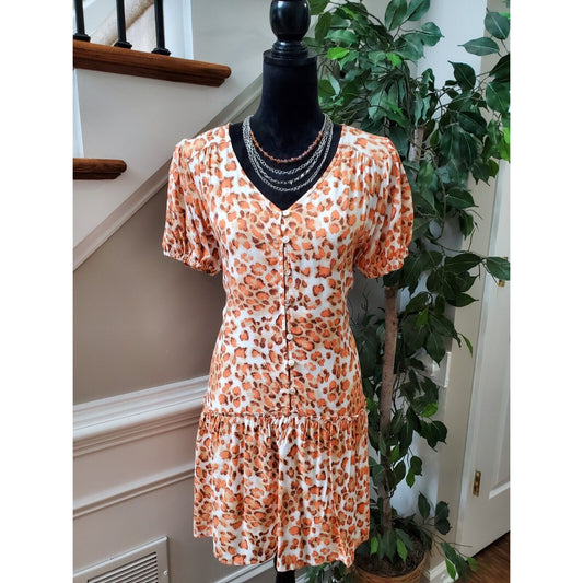 Kori Womens Beige & Brown Rayon V-Neck Short Sleeve Knee Length Dress Size Small