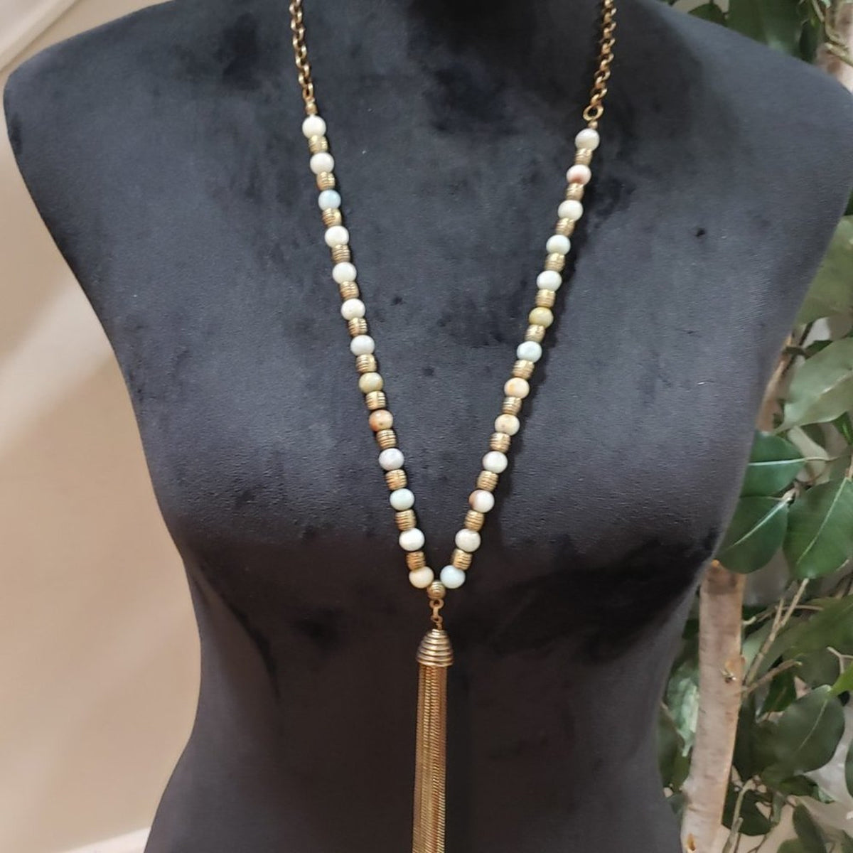 Womens Fashion Gemstone Gold Tone Beads Tassel Fringe Necklace with Lobster